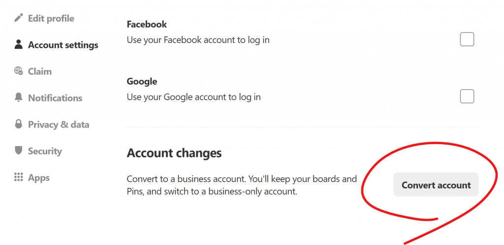 Image of where to convert to a Pinterest business account