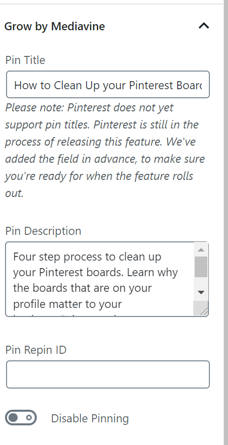 Screen shot of pin description in grow by mediavine