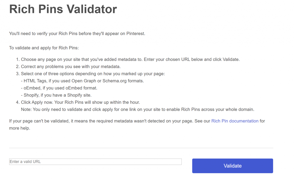 Rich Pin Validator from Pinterest screenshot