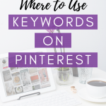 white ipad on desk with text overlay where to use keywords on Pinterest