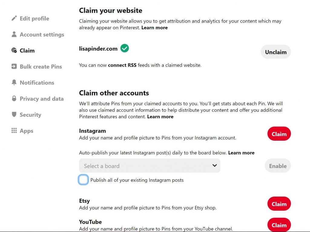 Screenshot of claim your website settings in Pinterest