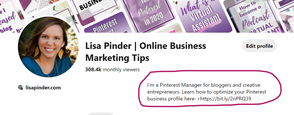 Image of Pinterest Manager business description on Pinterest to demonstrate keyword use.